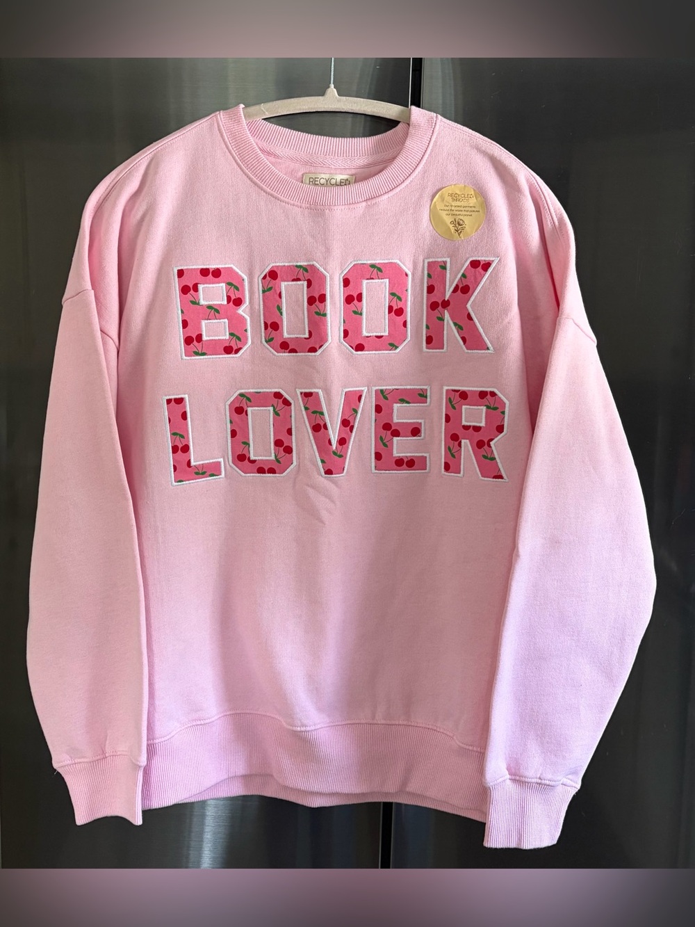 NWT Recycled Threads BOOK LOVER Pink Cotton Sweatshirt Cottage Whimsical Sz S